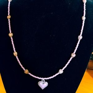 Cute lavender beaded necklace with pewter heart